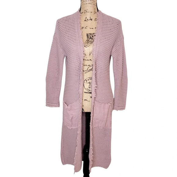 FREE PEOPLE Women's Draped Open Front Fringe Cotton Sweater Duster Blush Size XS - Picture 1 of 15